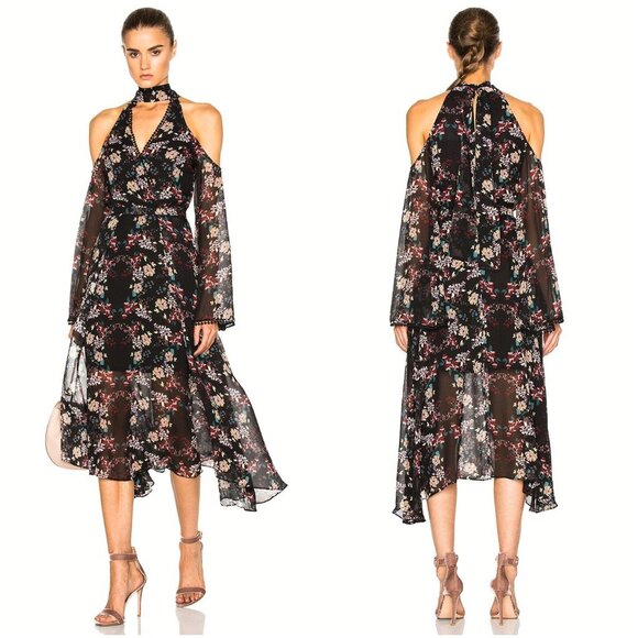 Nicholas Black Floral Wrap Front Midi Dress $595